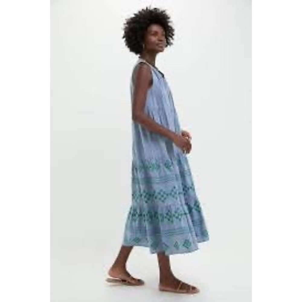 TUCKERNUCK the Emerald Embroidered Chambray Salty Paloma Caftan, Size Small